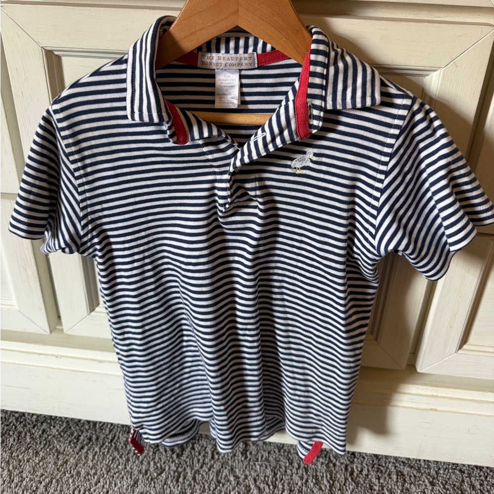 The Beaufort Bonnet Company Navy & White Striped Polo with Red Trim - Kids